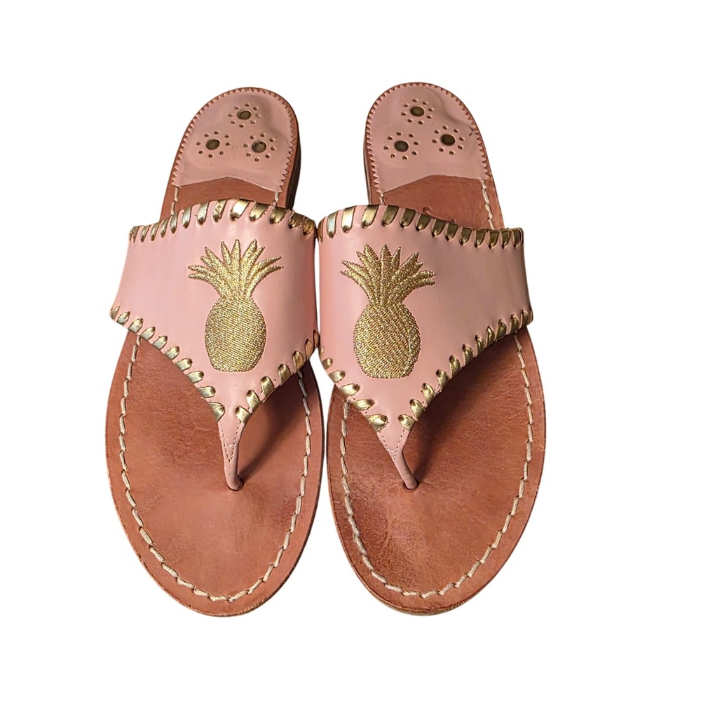 Jack Rogers Hamptons Pink Gold Pineapple Leather Thong Sandals Womens 8.5
